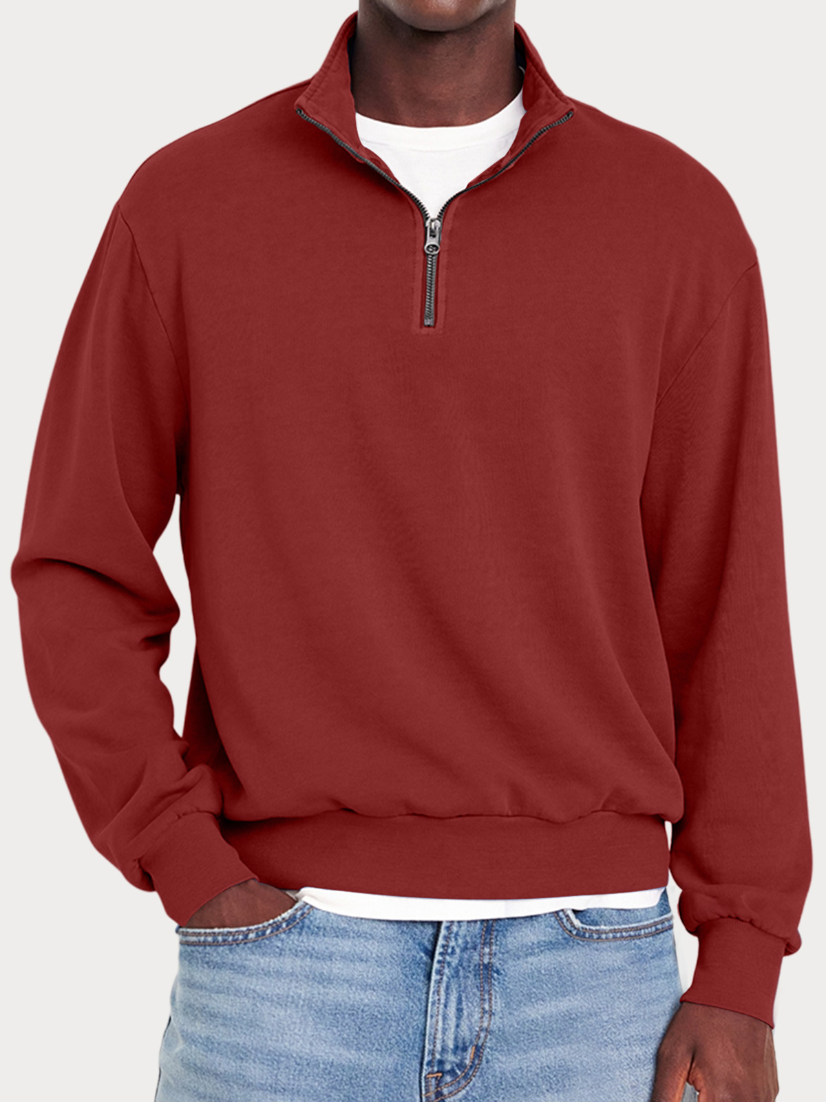 Men's Casual Zipper Half Turtleneck Solid Color Comfortable Sweatshirt