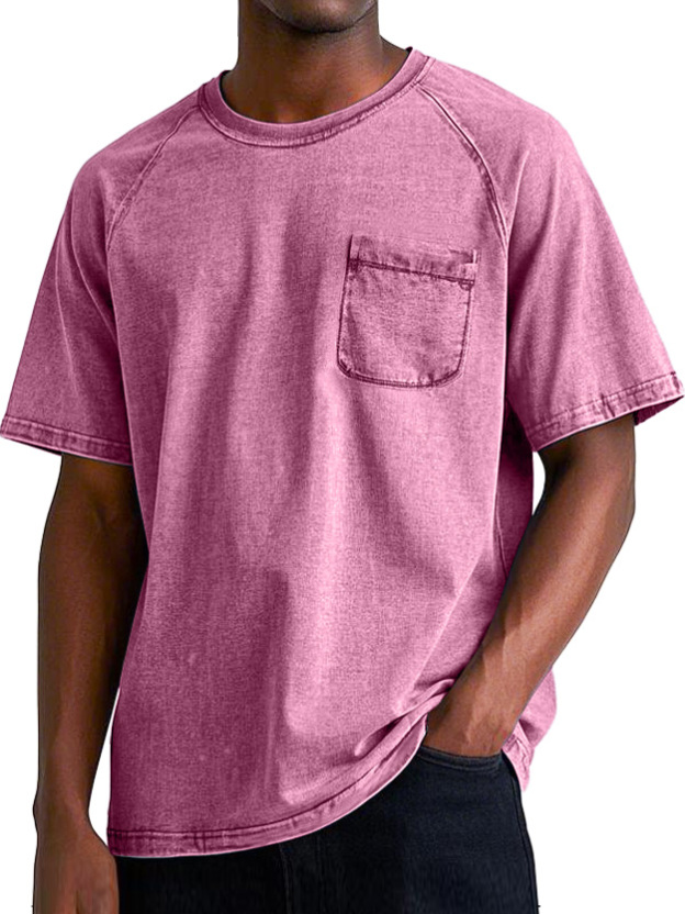 Men's Retro Round Neck Raglan Pocket Casual Short Sleeve T-Shirt