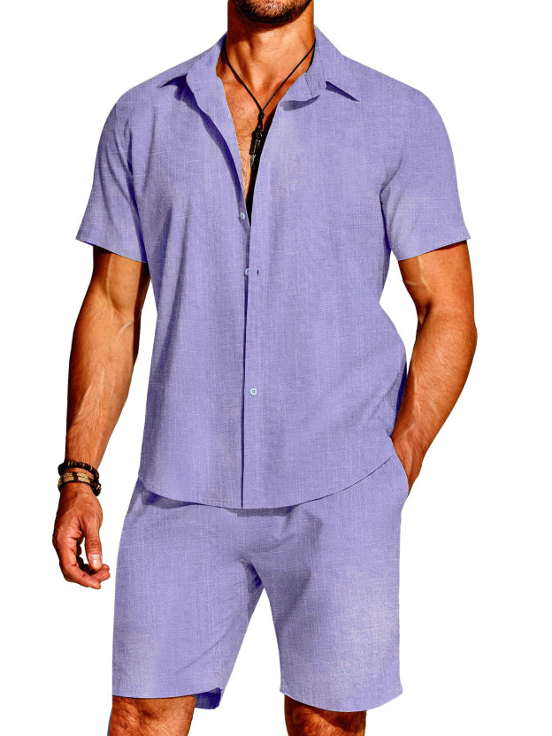 Hawaii Men's Fashion Linen Short Sleeve Shirt Short Sleeve Two Piece Set