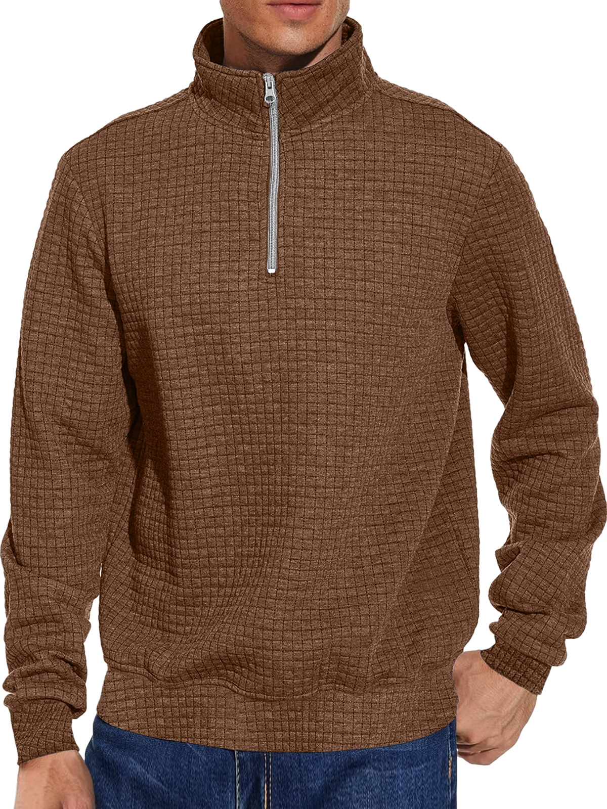 Men's Casual Stand Collar Zipper Checkered Solid Color Comfortable Sweatshirt
