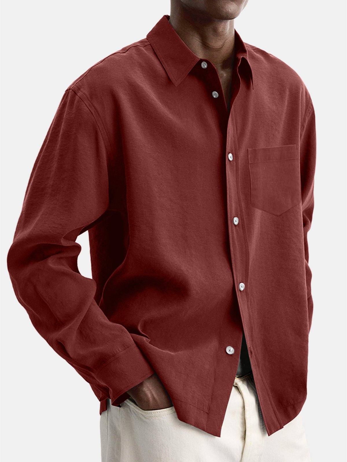 Men's Casual Basic Solid Color Lapel Pocket Long Sleeve Shir