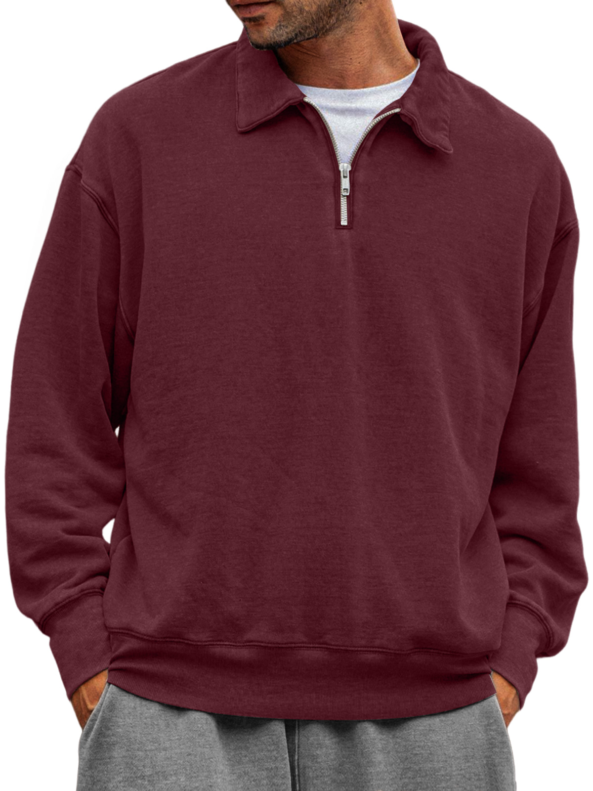Men's Casual Half-zip Lapel Solid Color Comfortable Sweatshirt