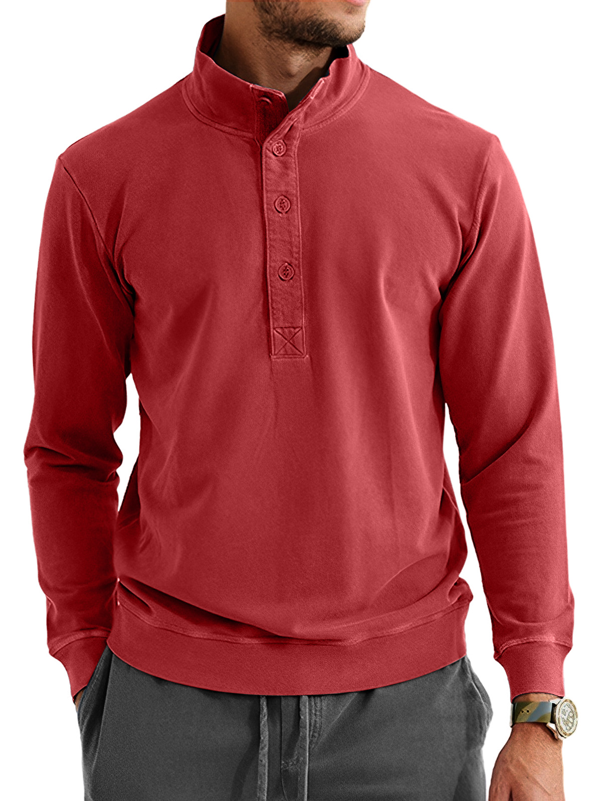 Men's Retro Casual Stand Collar Button Solid Color Sweatshirt