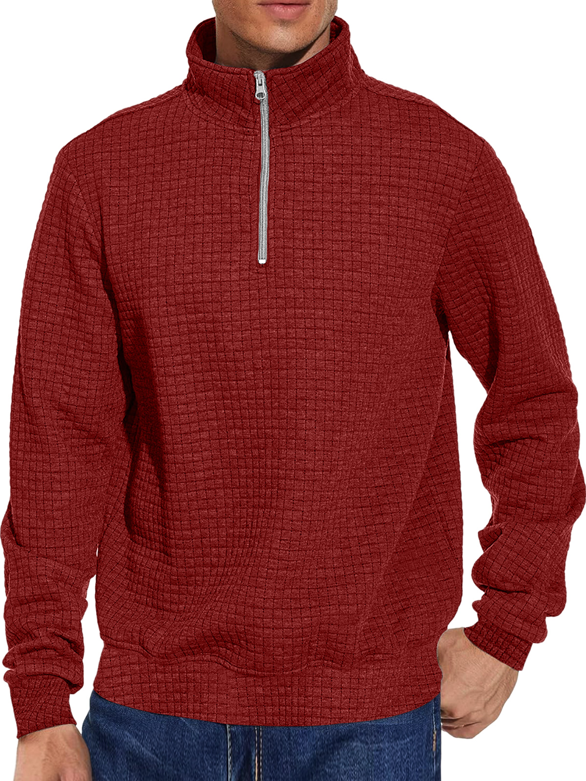 Men's Casual Stand Collar Zipper Checkered Solid Color Comfortable Sweatshirt
