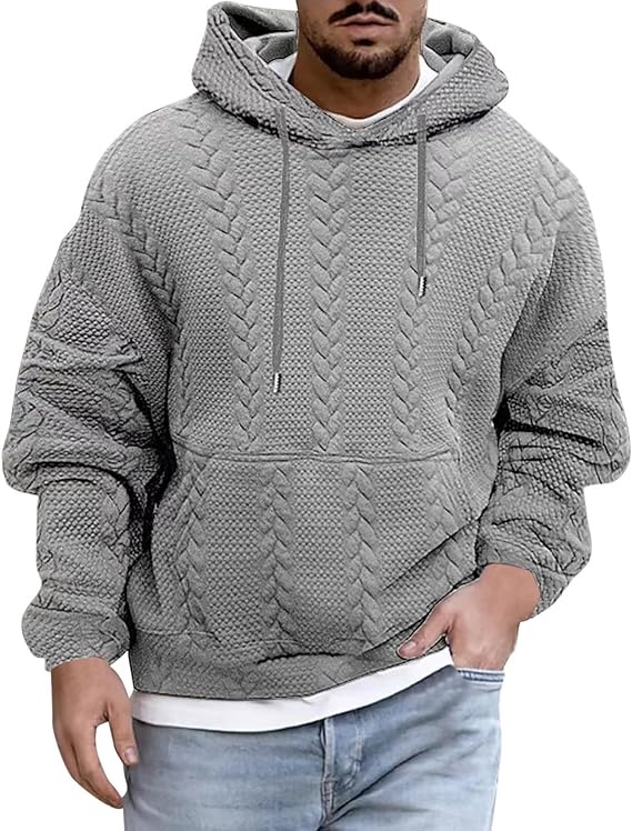 Men's Casual Jacquard Hooded Lace-up Long Sleeved Hoodie