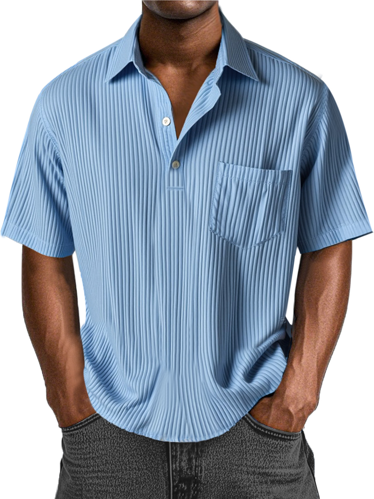 Men's Daily Solid Color Pitted Texture Button Lapel Short-sleeved Polo Shirt