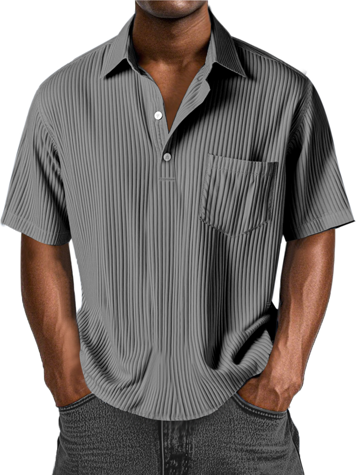 Men's Daily Solid Color Pitted Texture Button Lapel Short-sleeved Polo Shirt