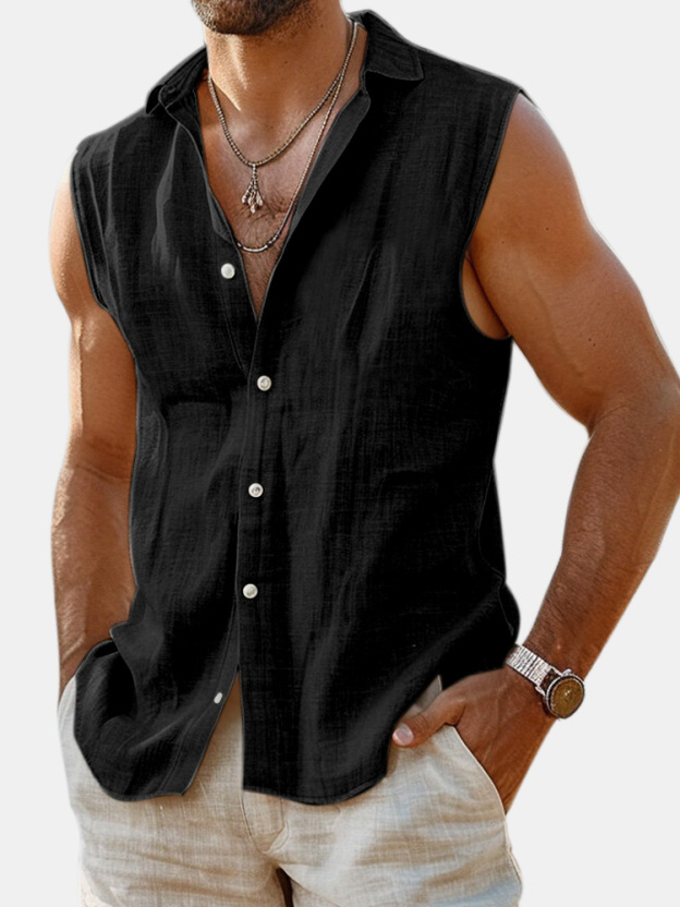 Men's Summer Daily Solid Color Imitation Linen Sleeveless Comfortable Shirt Shirt
