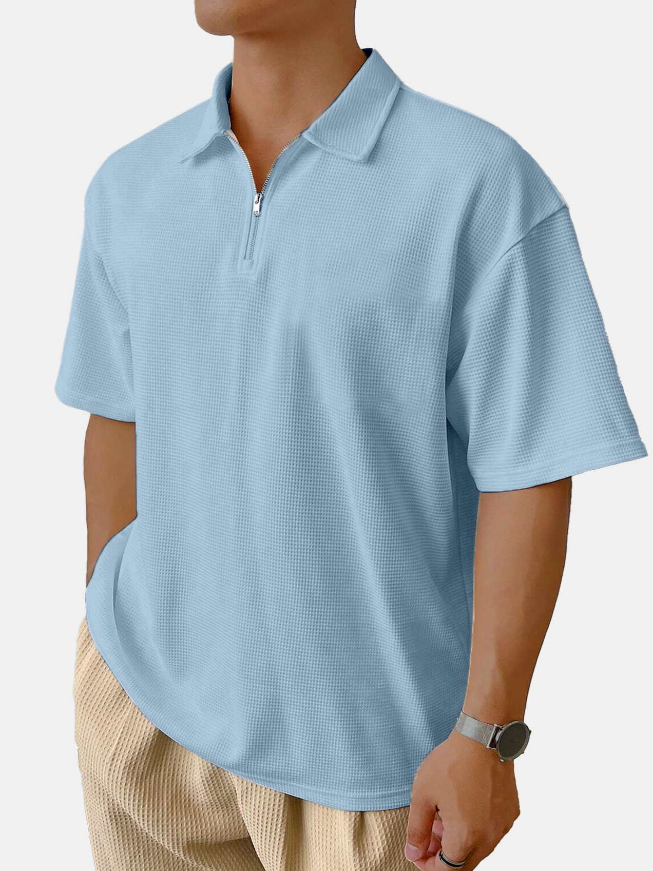 Men's Casual Daily Solid Color Waffle Zipper Short-sleeved Polo Shirt