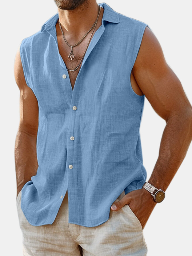 Men's Summer Daily Solid Color Imitation Linen Sleeveless Comfortable Shirt Shirt