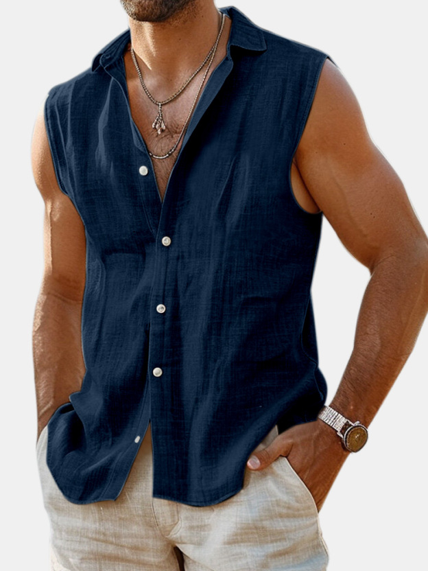 Men's Summer Daily Solid Color Imitation Linen Sleeveless Comfortable Shirt Shirt