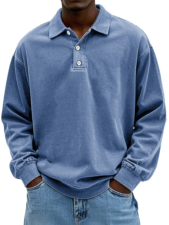 Men's Fashion Retro Washed Distressed Cotton Lapel Long Sleeve Polo Sh