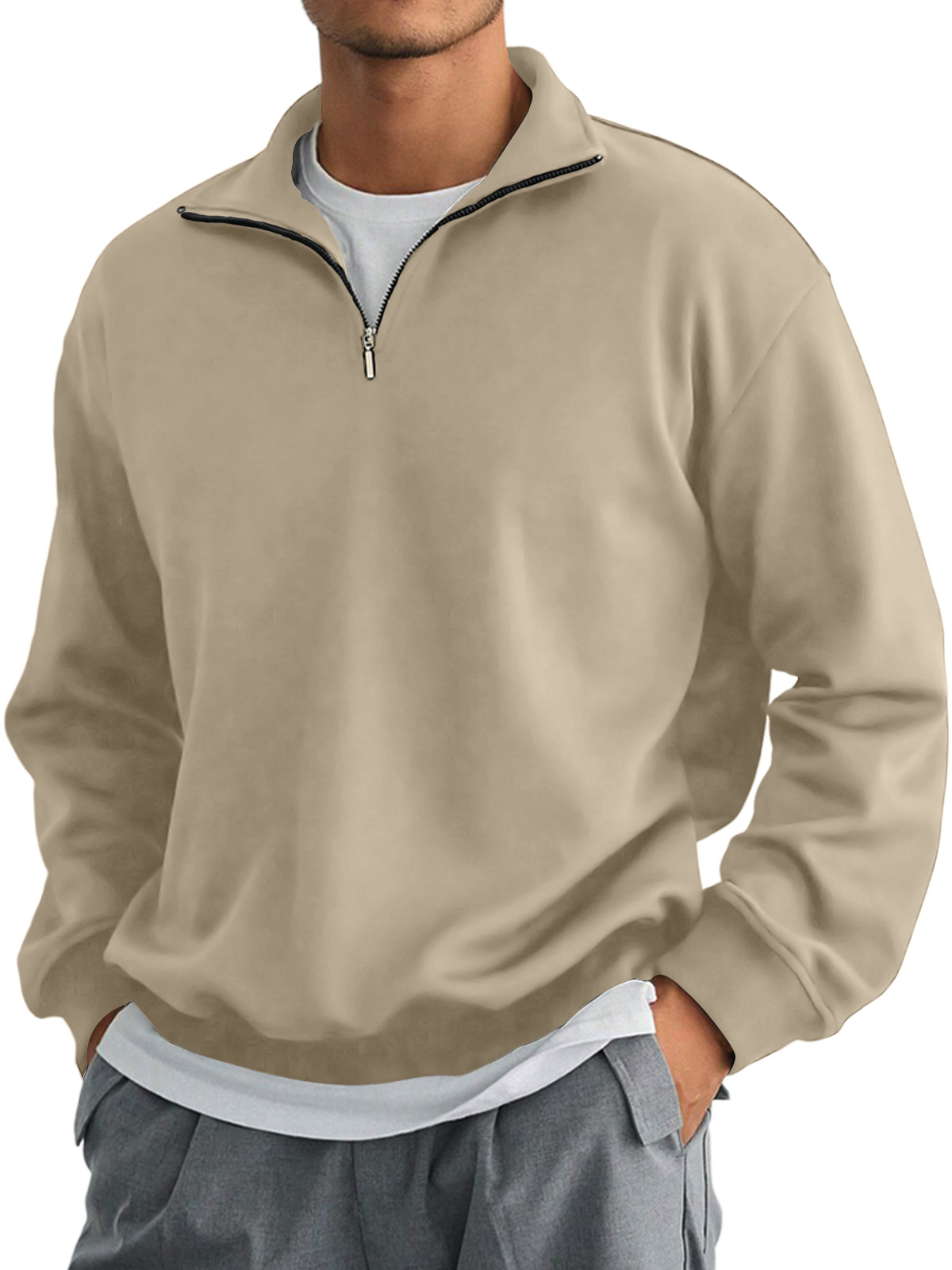 Men's Autumn Stand Collar Zipper Solid Color Comfortable Long-sleeved Sweatshirt