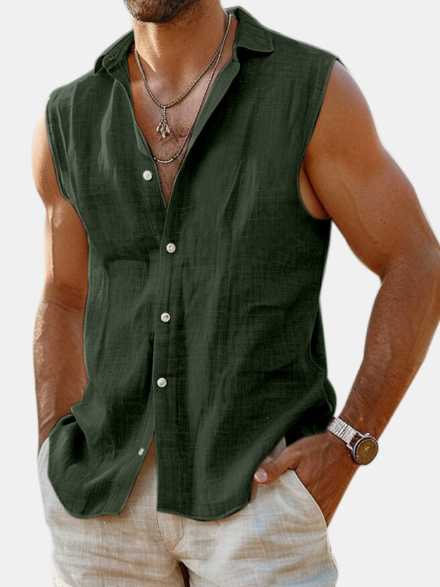 Men's Summer Daily Solid Color Imitation Linen Sleeveless Comfortable Shirt Shirt