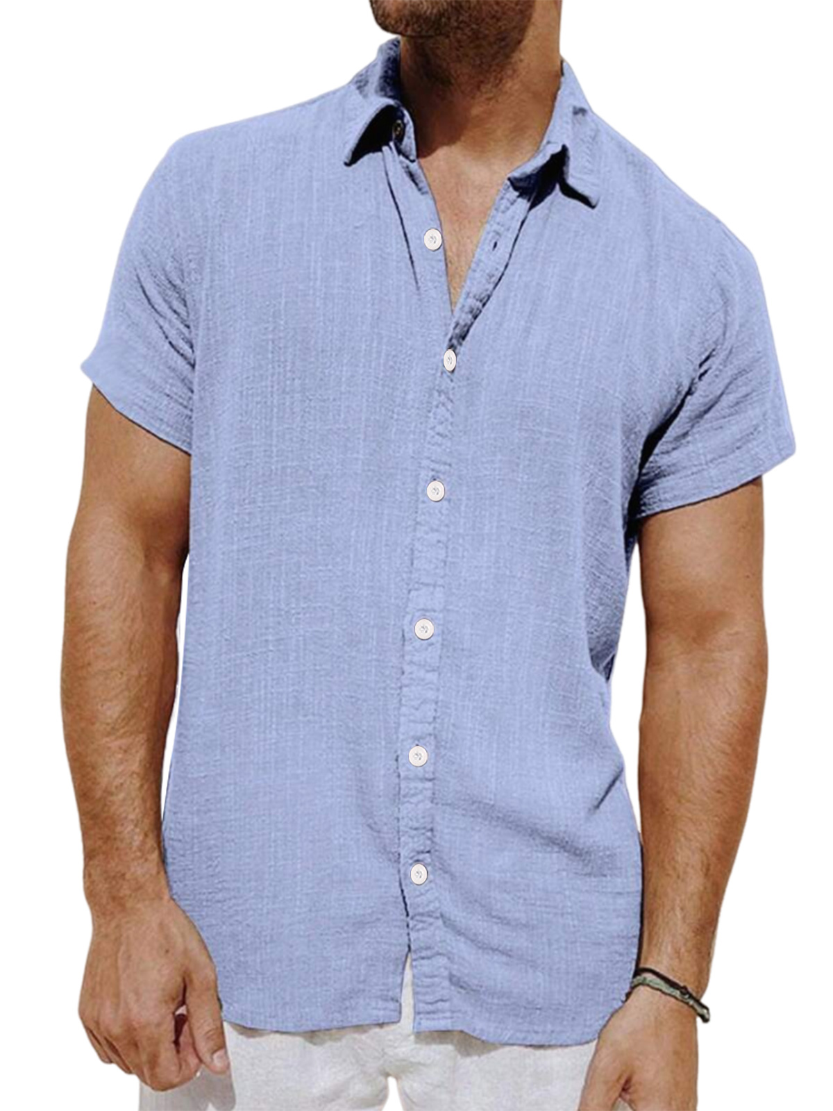 Men's slub solid color casual short-sleeved shirt
