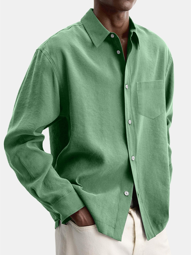 Men's Casual Basic Solid Color Lapel Pocket Long Sleeve Shir