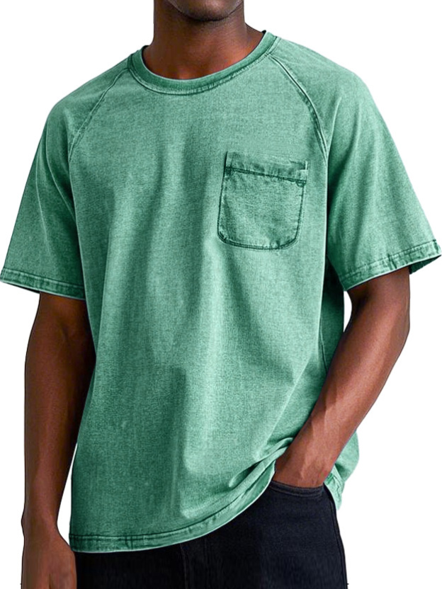 Men's Retro Round Neck Raglan Pocket Casual Short Sleeve T-Shirt