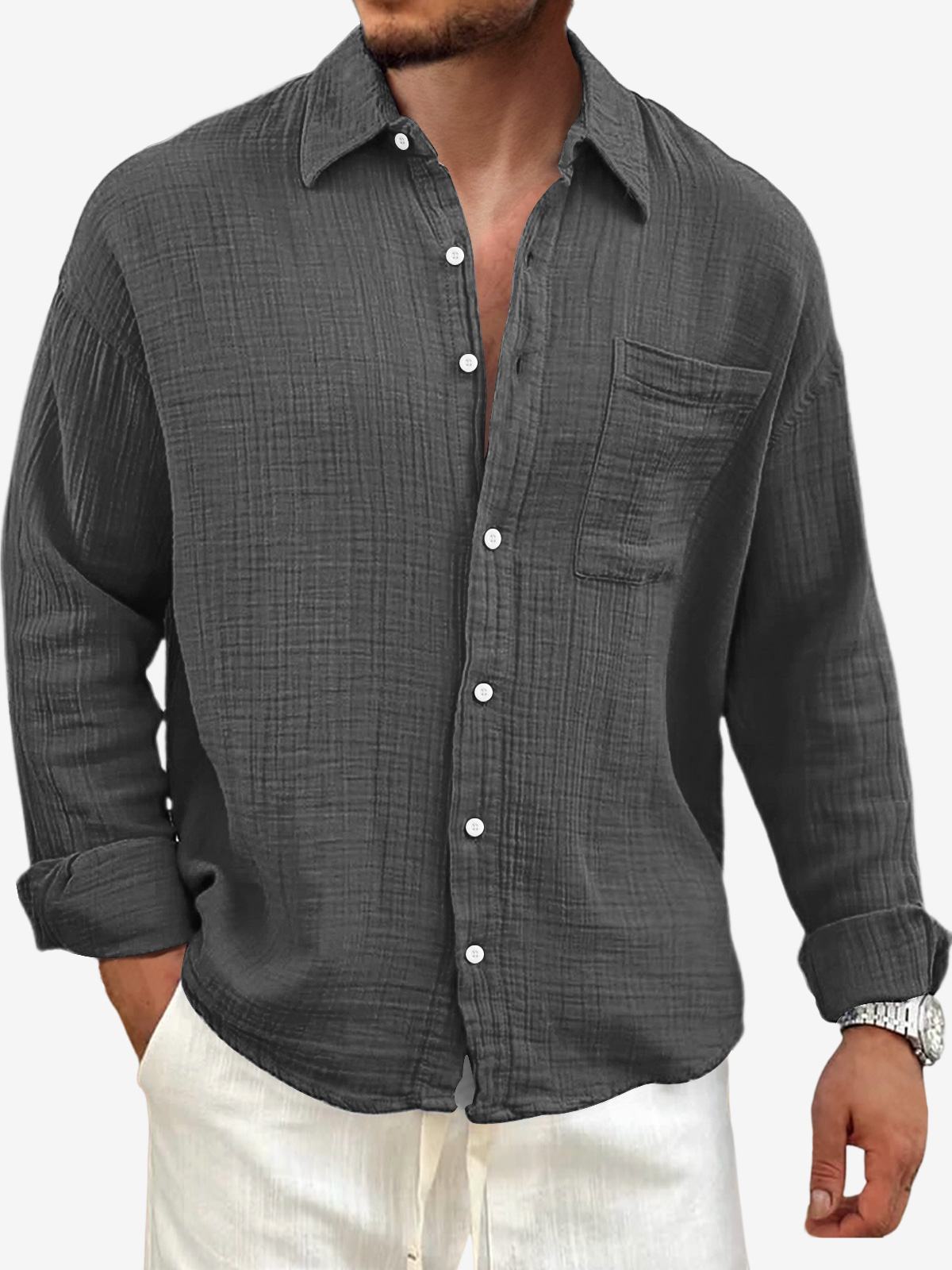 Men's Puff Wrinkle Casual Solid Color Pocket Lapel Long Sleeve Shirt