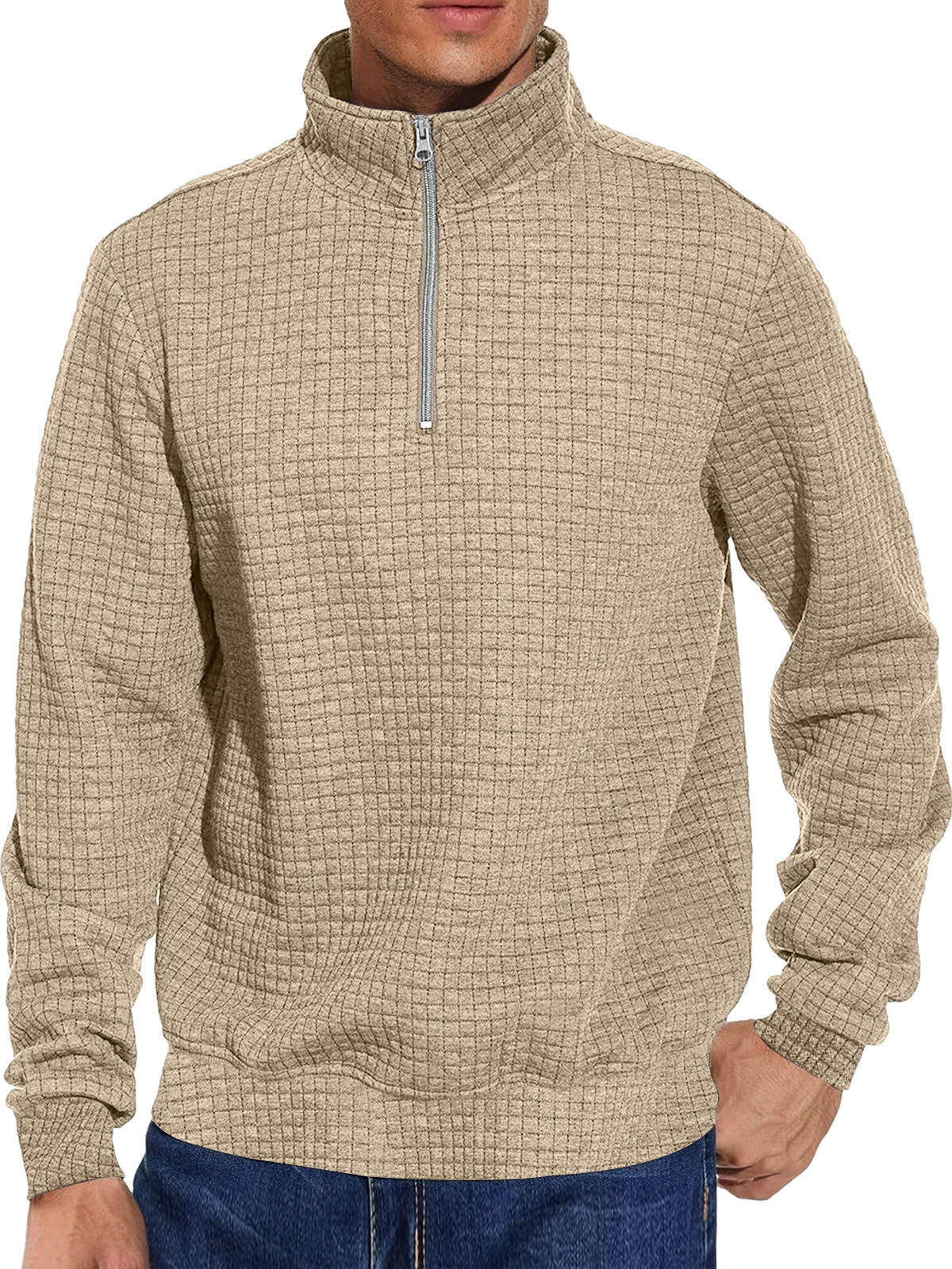 Men's Casual Stand Collar Zipper Checkered Solid Color Comfortable Sweatshirt