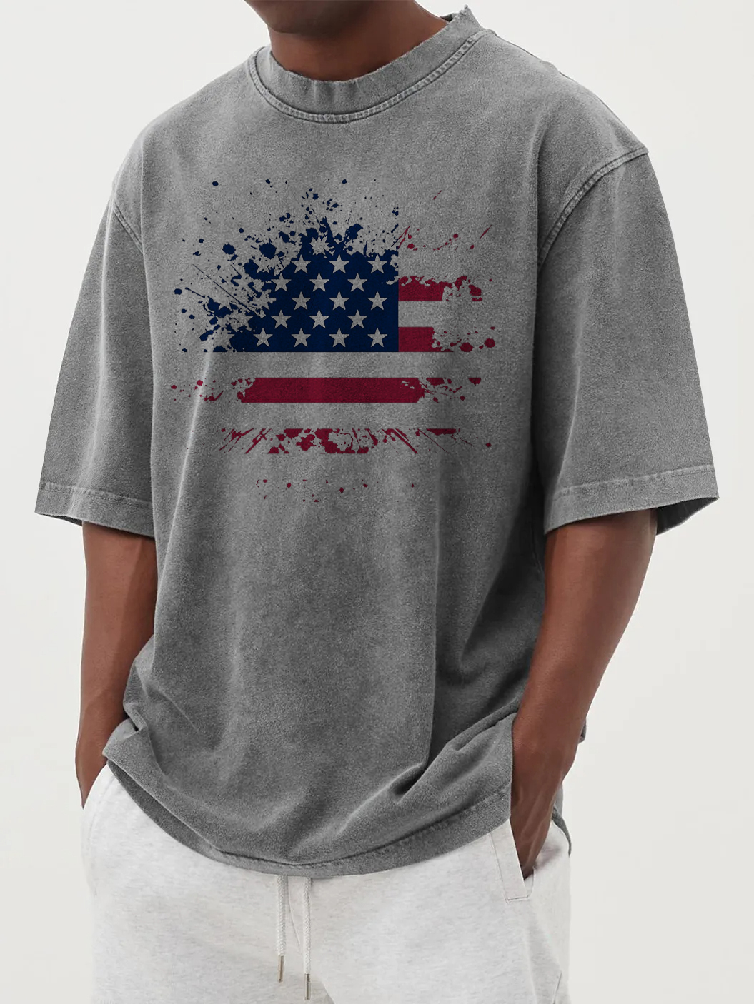 Men's Vintage Washed Flag Print Short Sleeve T-shirt 