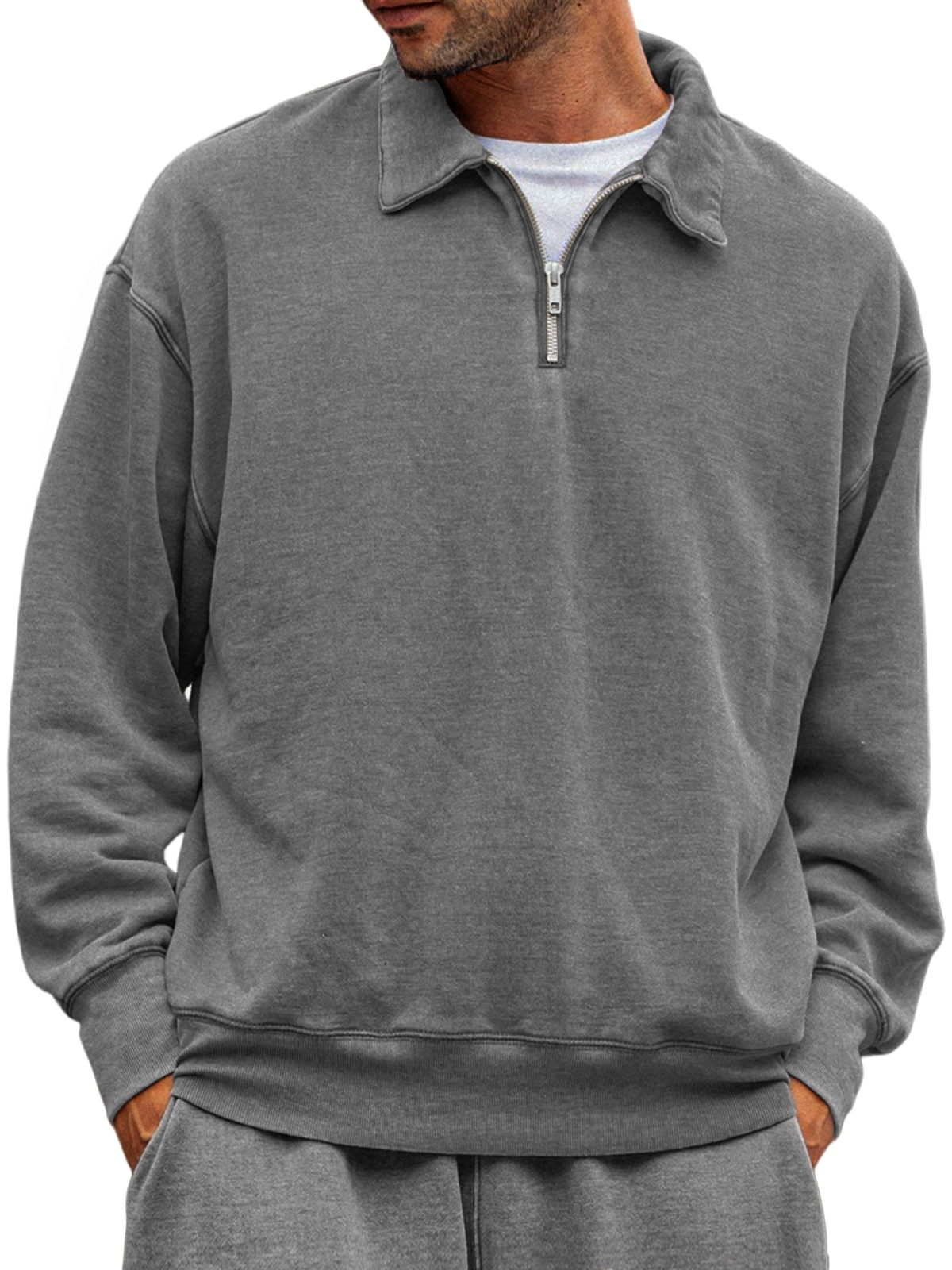 Men's Casual Half-zip Lapel Solid Color Comfortable Sweatshirt