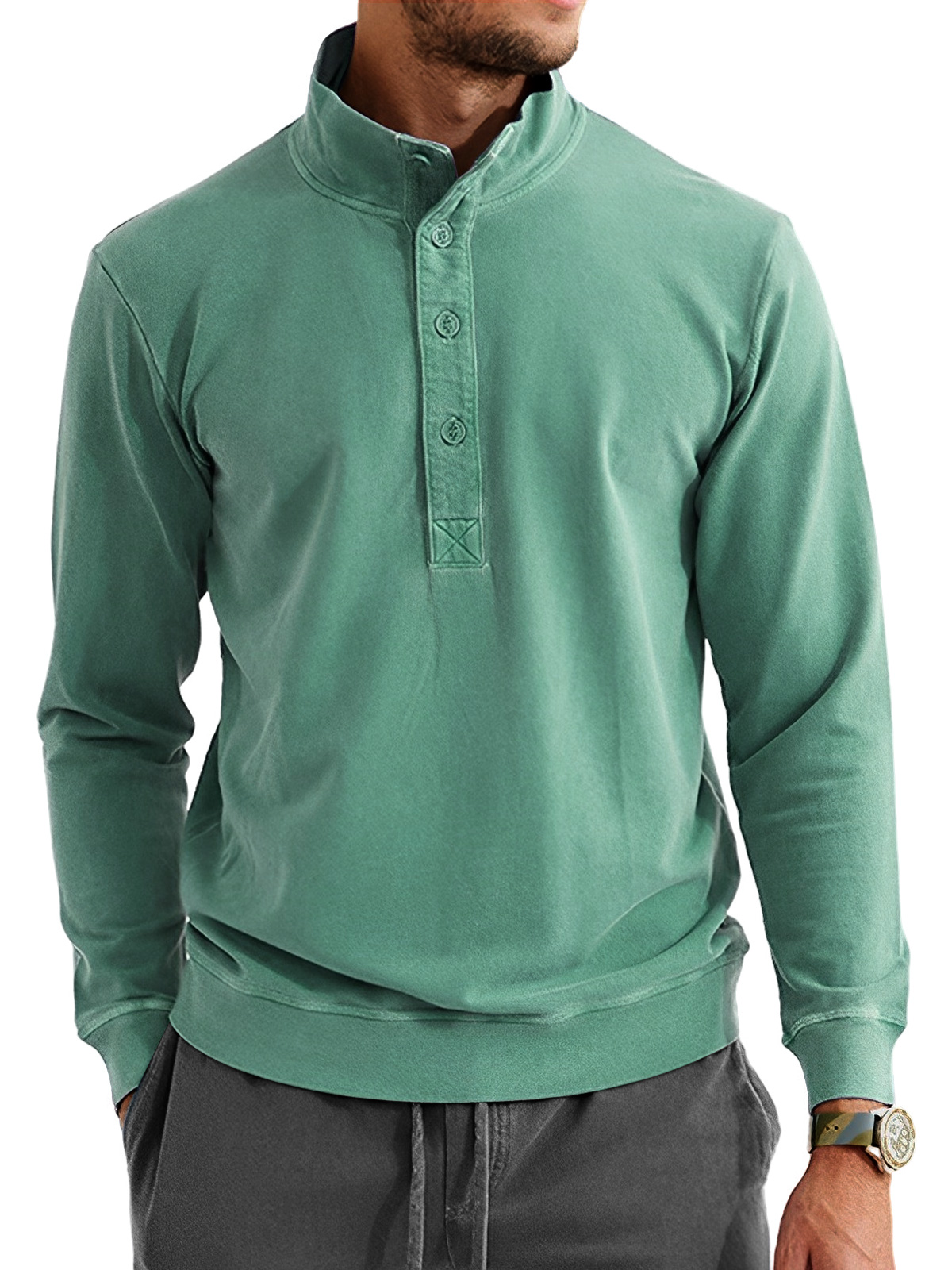 Men's Retro Casual Stand Collar Button Solid Color Sweatshirt