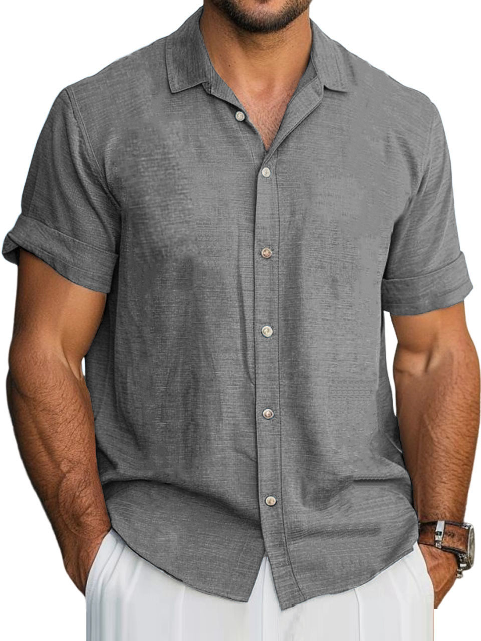 Men's Hawaiian Solid Lapel Short Sleeve Shirt
