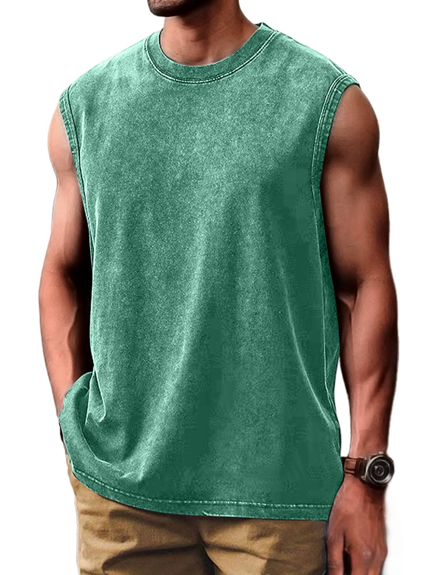 Men's Retro Distressed Fashion Round Neck Casual Solid Color Sleeveless Vest