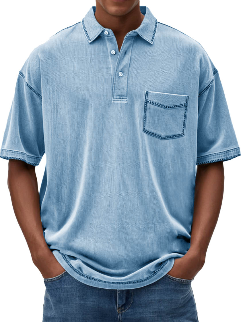 Men's Fashion Casual Hemp Fabric Lapel Short-sleeved Polo Shirt 