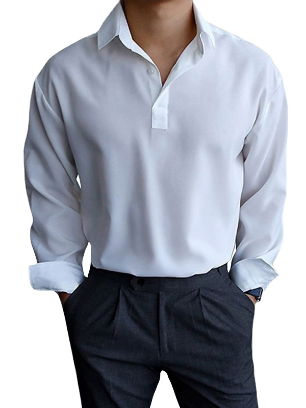 Men's Spring Solid Color Pullover Lapel Long Sleeve Shirt