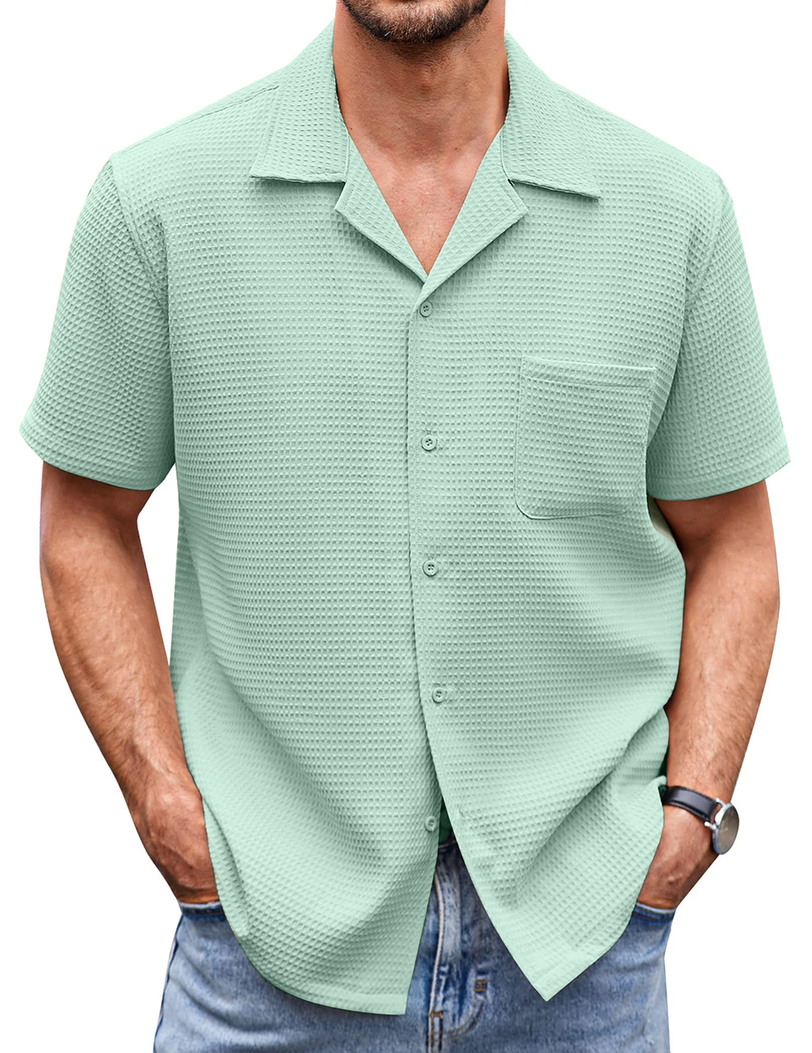 Men's Cuban Collar Pocket Waffle Weave Fabric Casual Comfort Daily Shirt