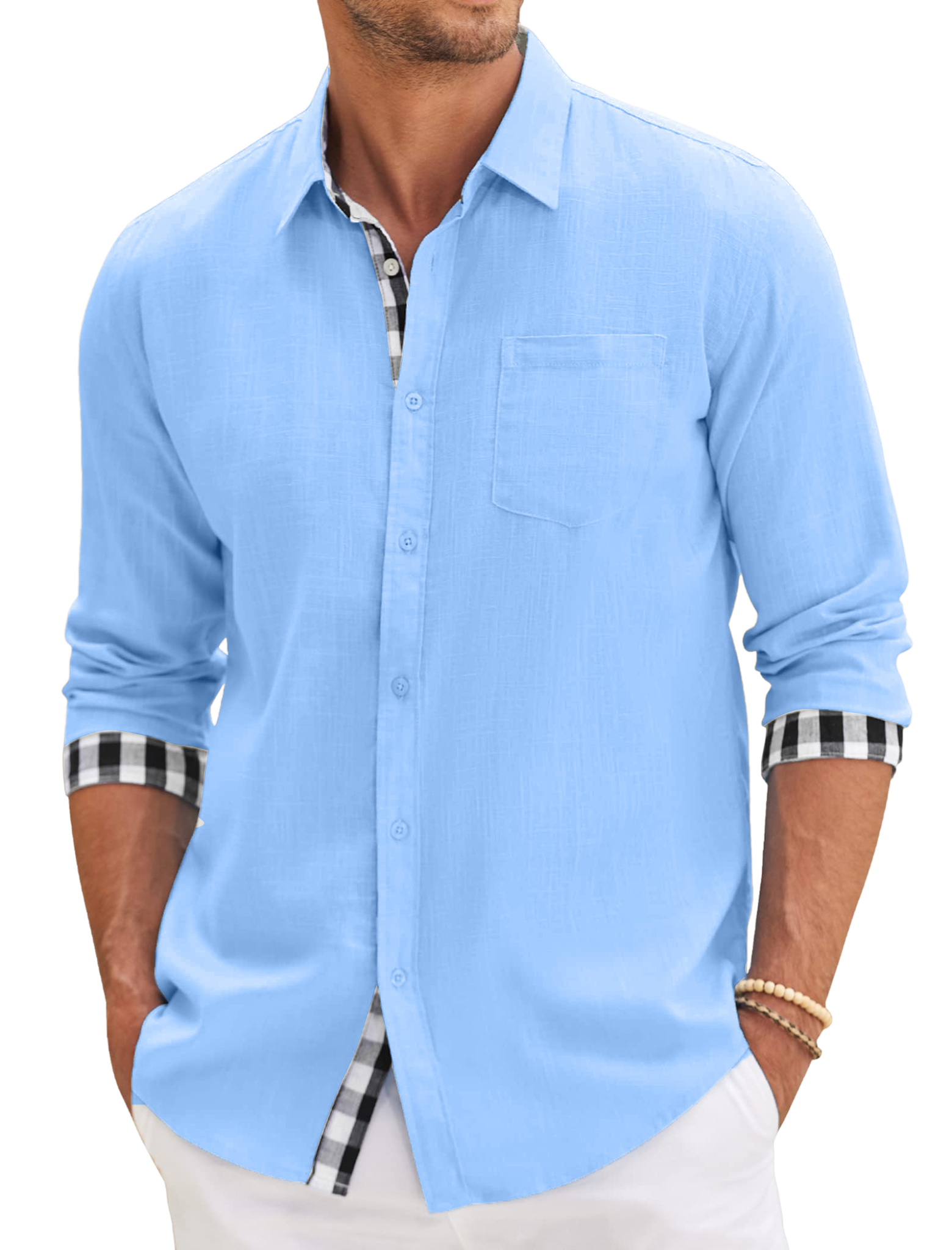Men's Cotton Aand Linen Simple Basic Plaid Pocket Classic Long-Sleeved Shirt