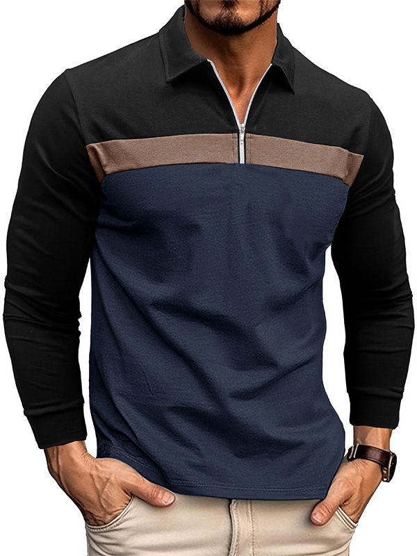 Men's Casual Lapel Color Block Cotton POLO Shirt