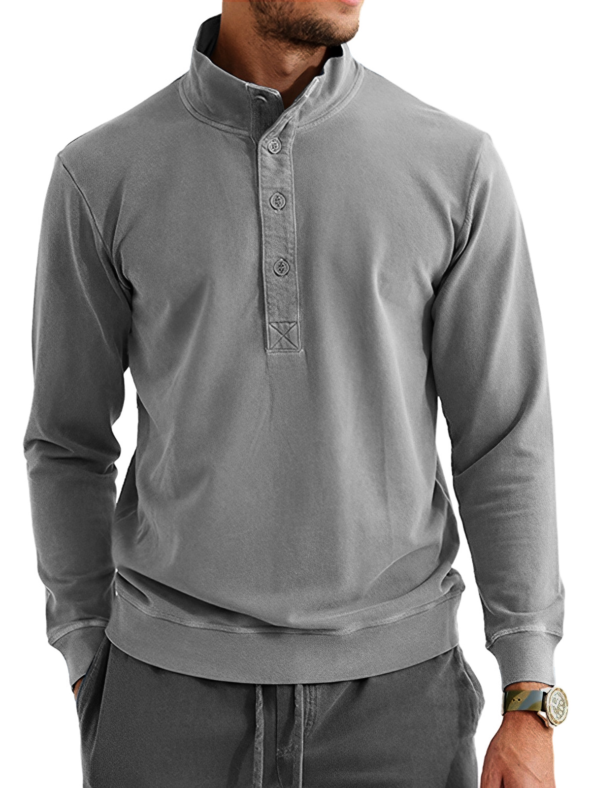 Men's Retro Casual Stand Collar Button Solid Color Sweatshirt