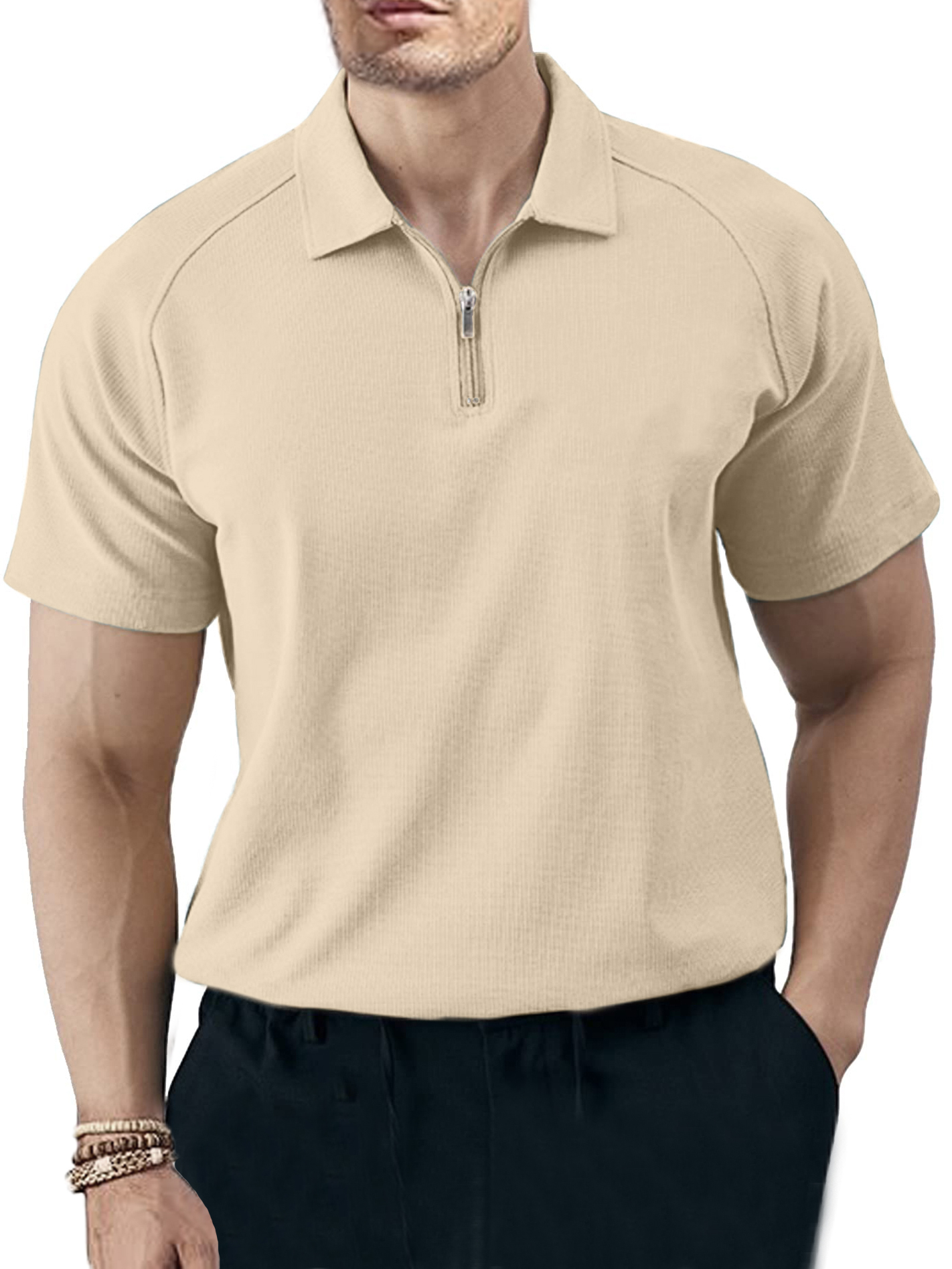 Men's Solid Color Casual Raglan Zipper Short Sleeve Polo Shirt