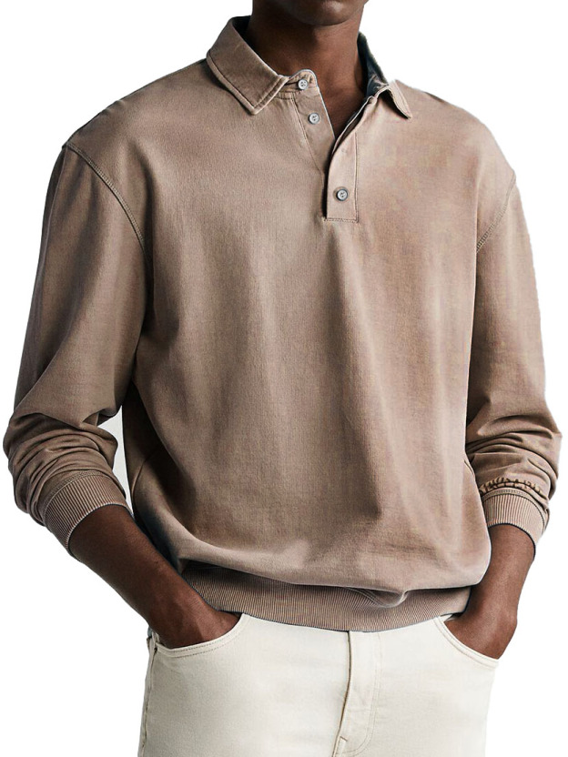 Men's Retro Distressed Comfortable Long Sleeve Lapel Polo Shirt
