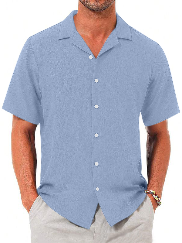 Men's Summer Solid Color Comfortable Puff Wrinkle Short Sleeve Shirt