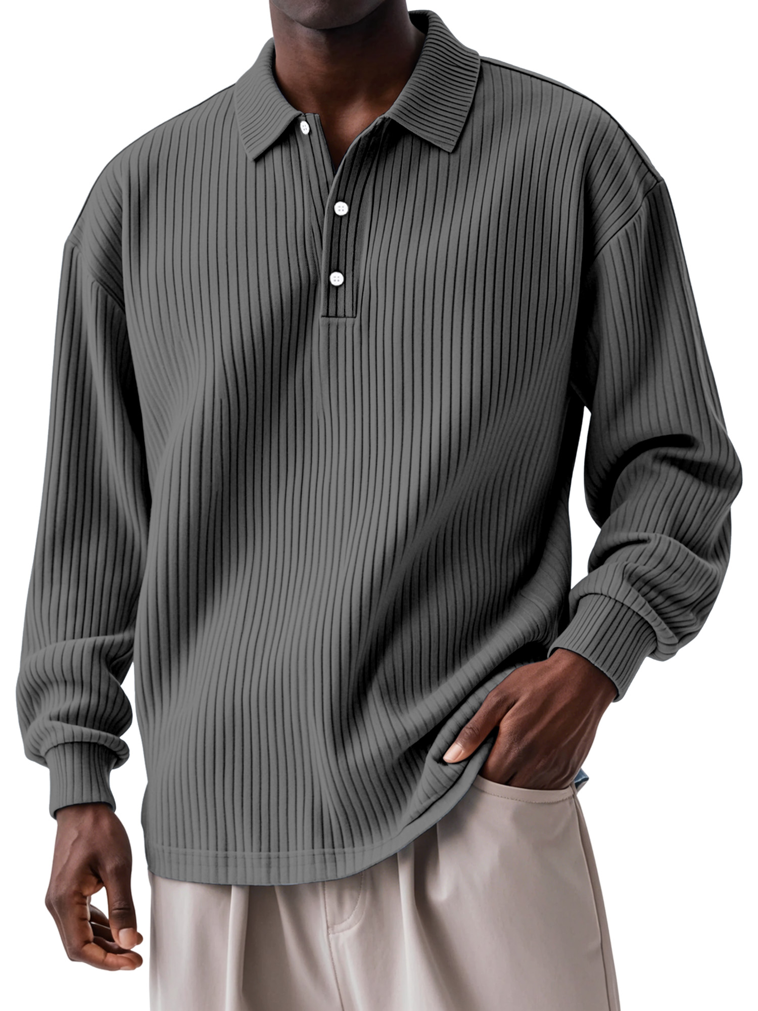 Men's Daily Solid Color Vertical Button Long Sleeve Polo Shirt