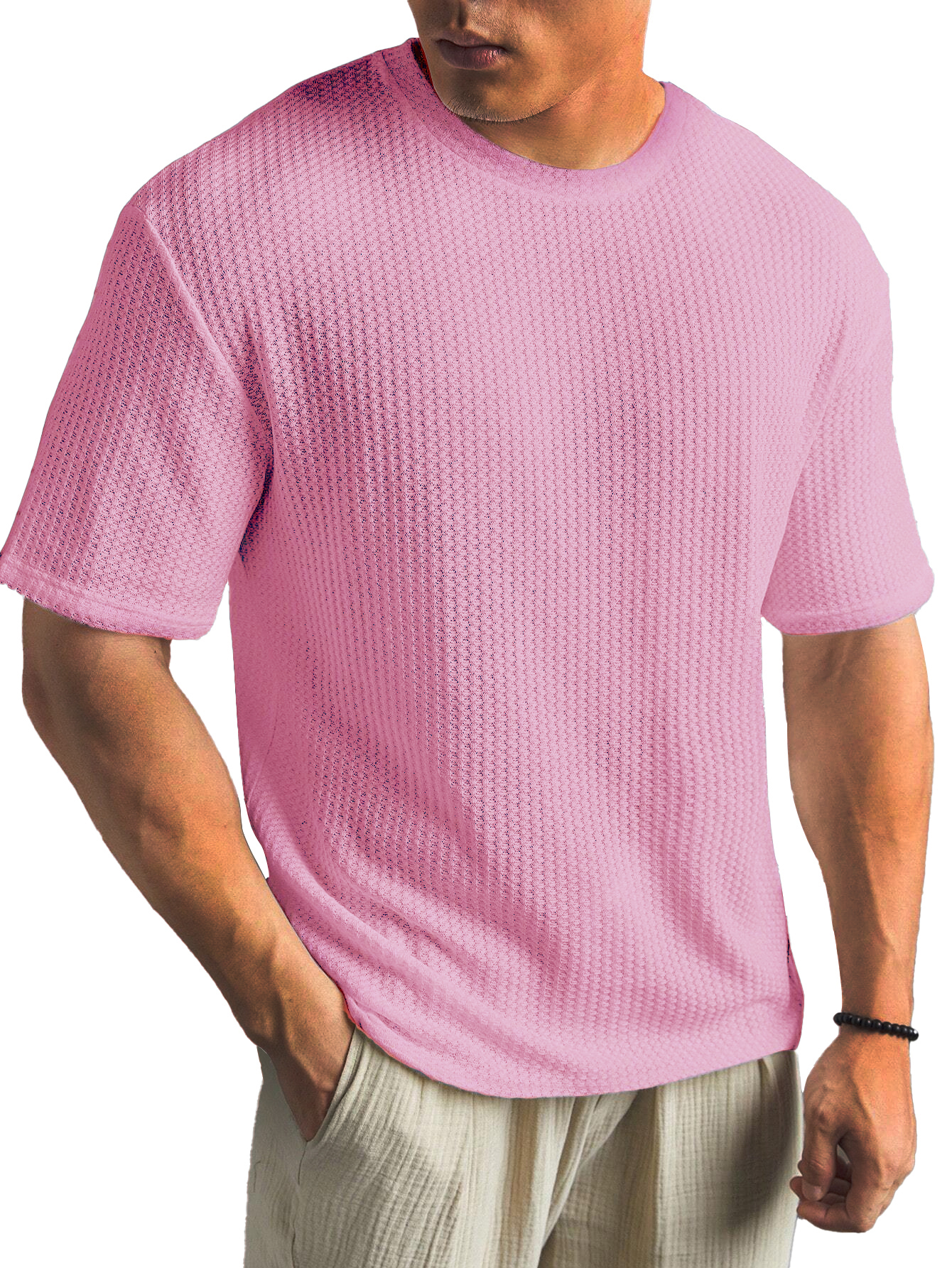 Fashionable Waffle Fabric Round Neck Short-sleeved Bottoming T-shirt