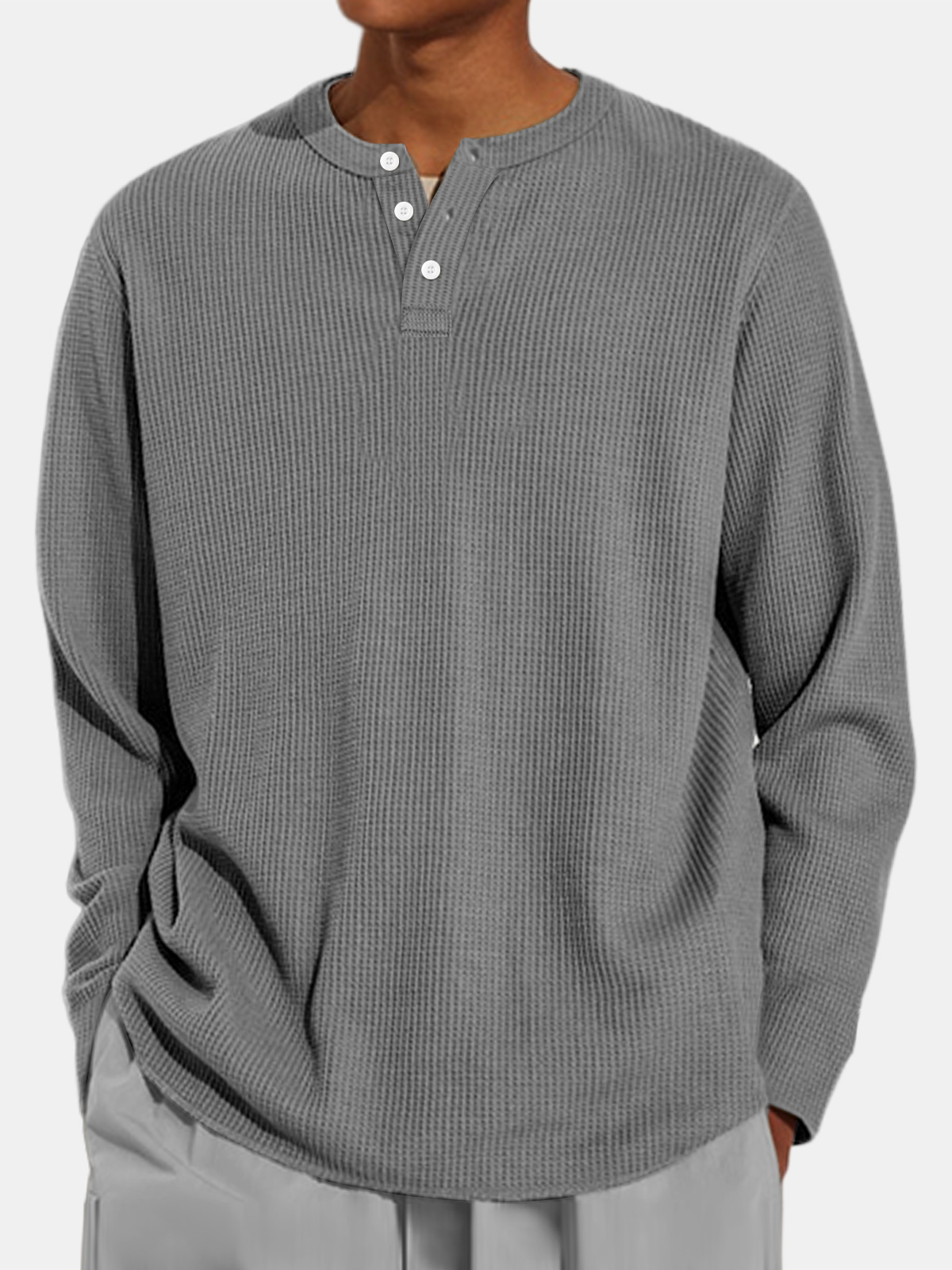 Men's Casual Waffle Solid Color Comfort Long Sleeve Henley