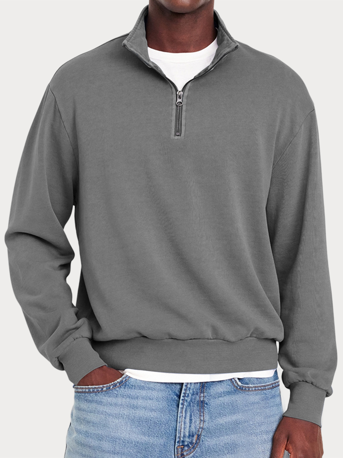 Men's Casual Zipper Half Turtleneck Solid Color Comfortable Sweatshirt