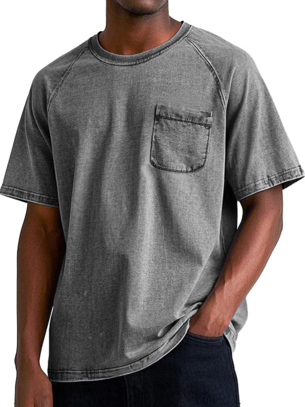 Men's Retro Round Neck Raglan Pocket Casual Short Sleeve T-Shirt