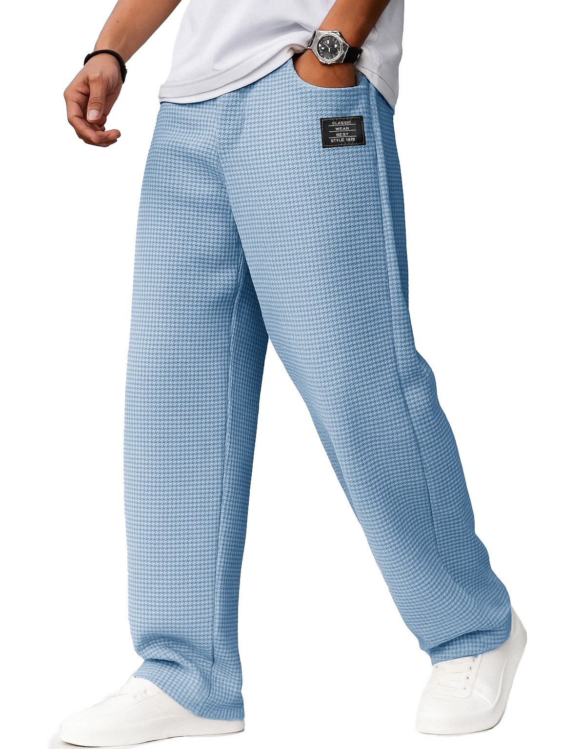 Men's Stylish Everyday Waffle Fabric Pants With Loose-fitting Drawstring Waist And Embroidered Logo