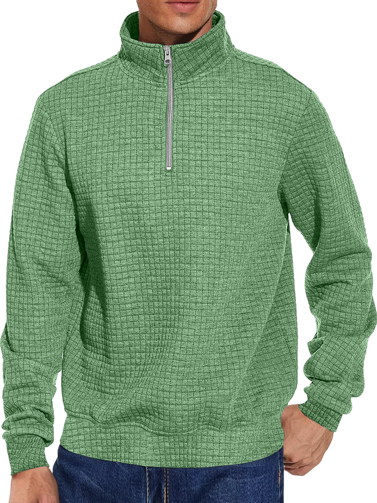 Men's Casual Stand Collar Zipper Checkered Solid Color Comfortable Sweatshirt
