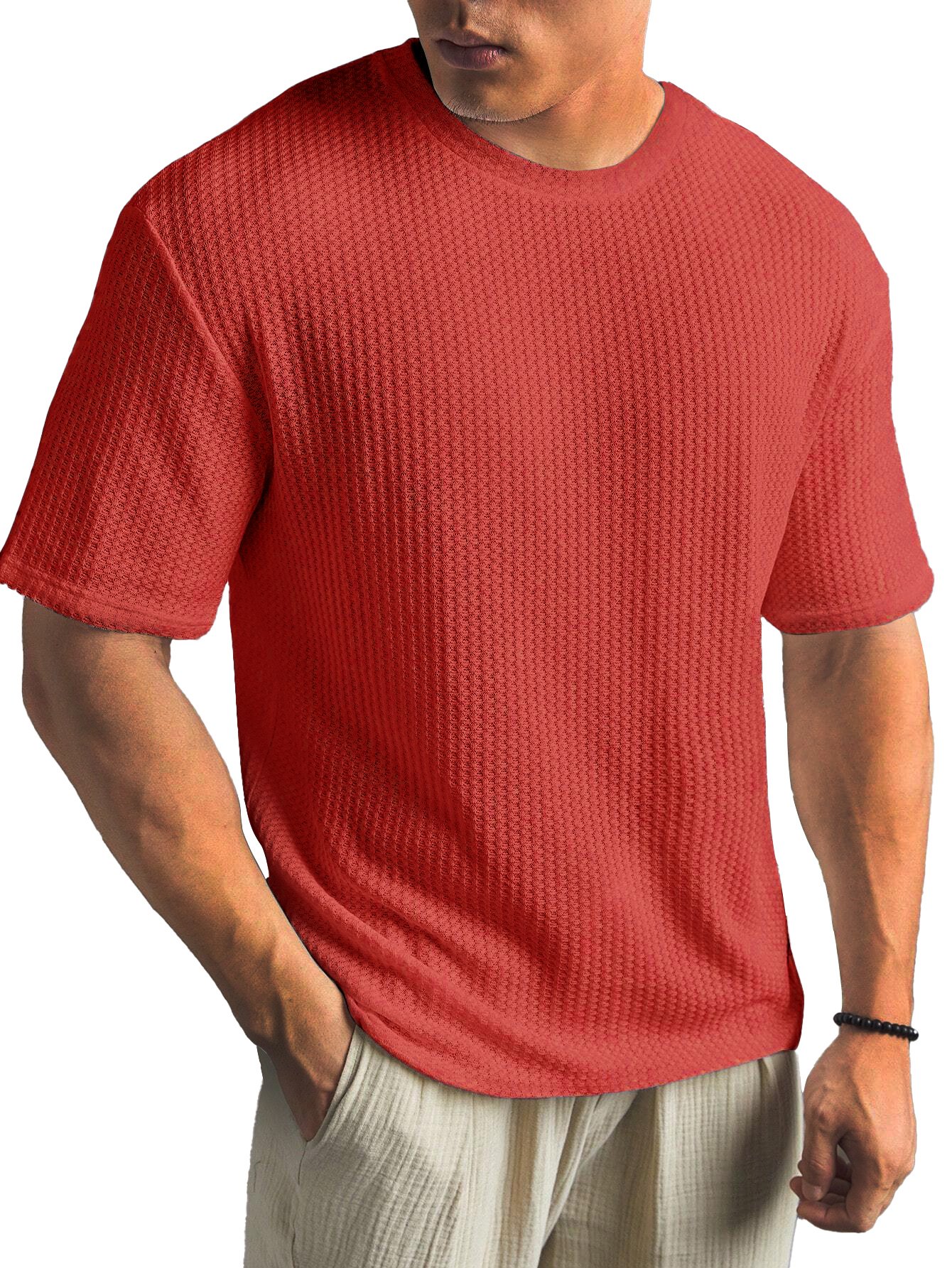 Fashionable Waffle Fabric Round Neck Short-sleeved Bottoming T-shirt