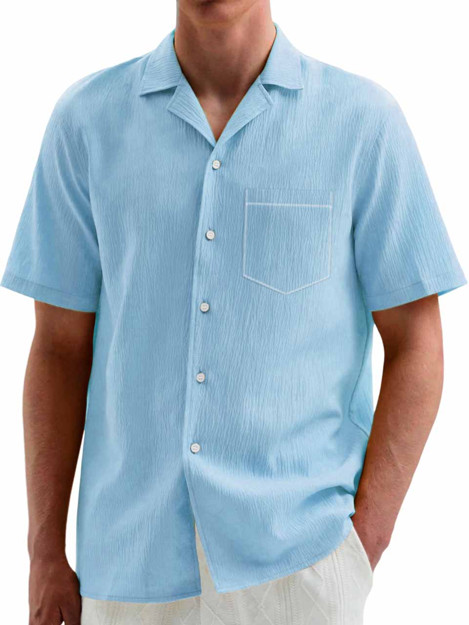 Men's Hawaiian Casual Pleated Fabric Short Sleeve Pocket Shirt