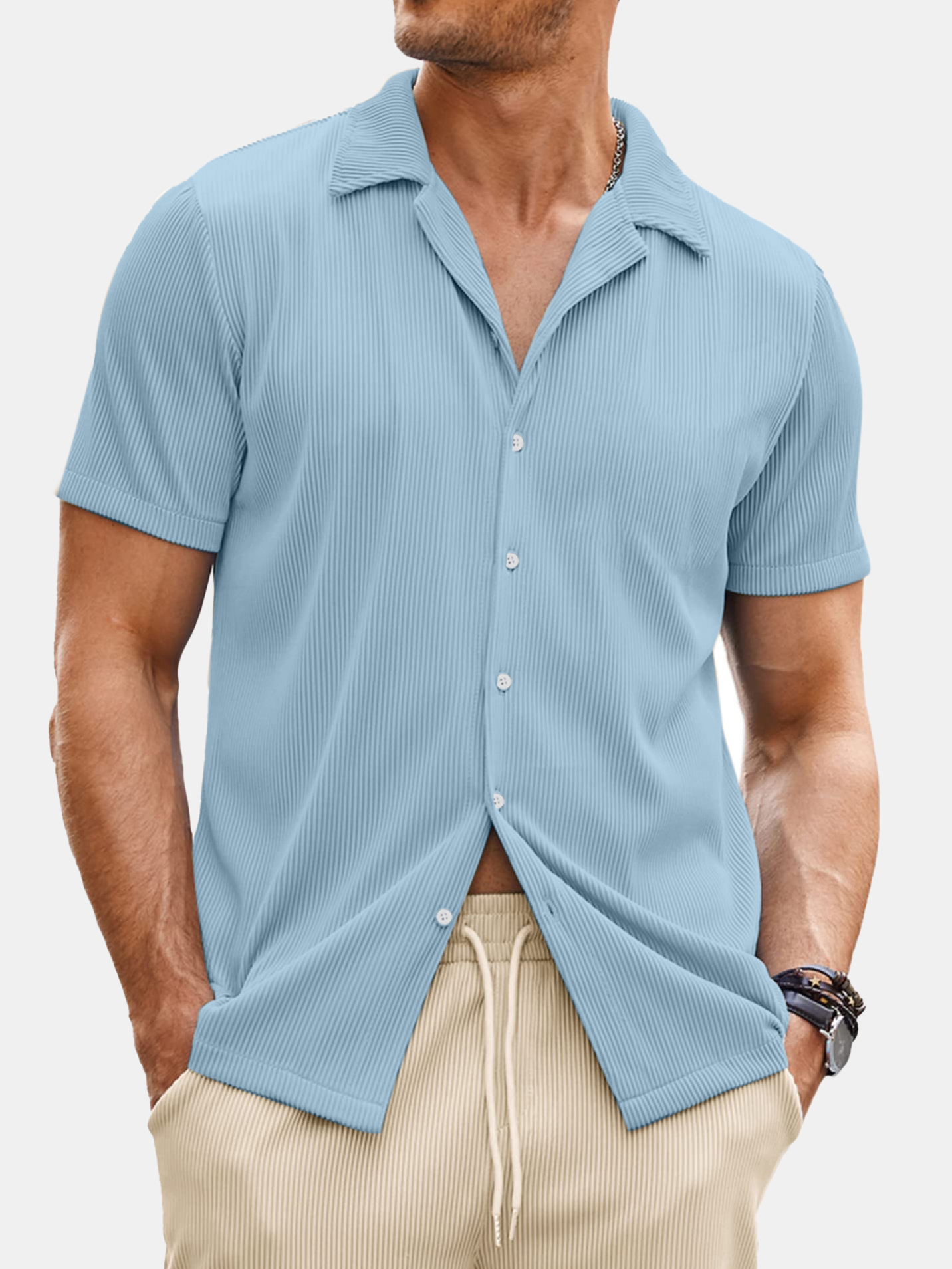 Men's Casual Basics Comfort Pit Stripe Cuban Collar Short Sleeve Shirt