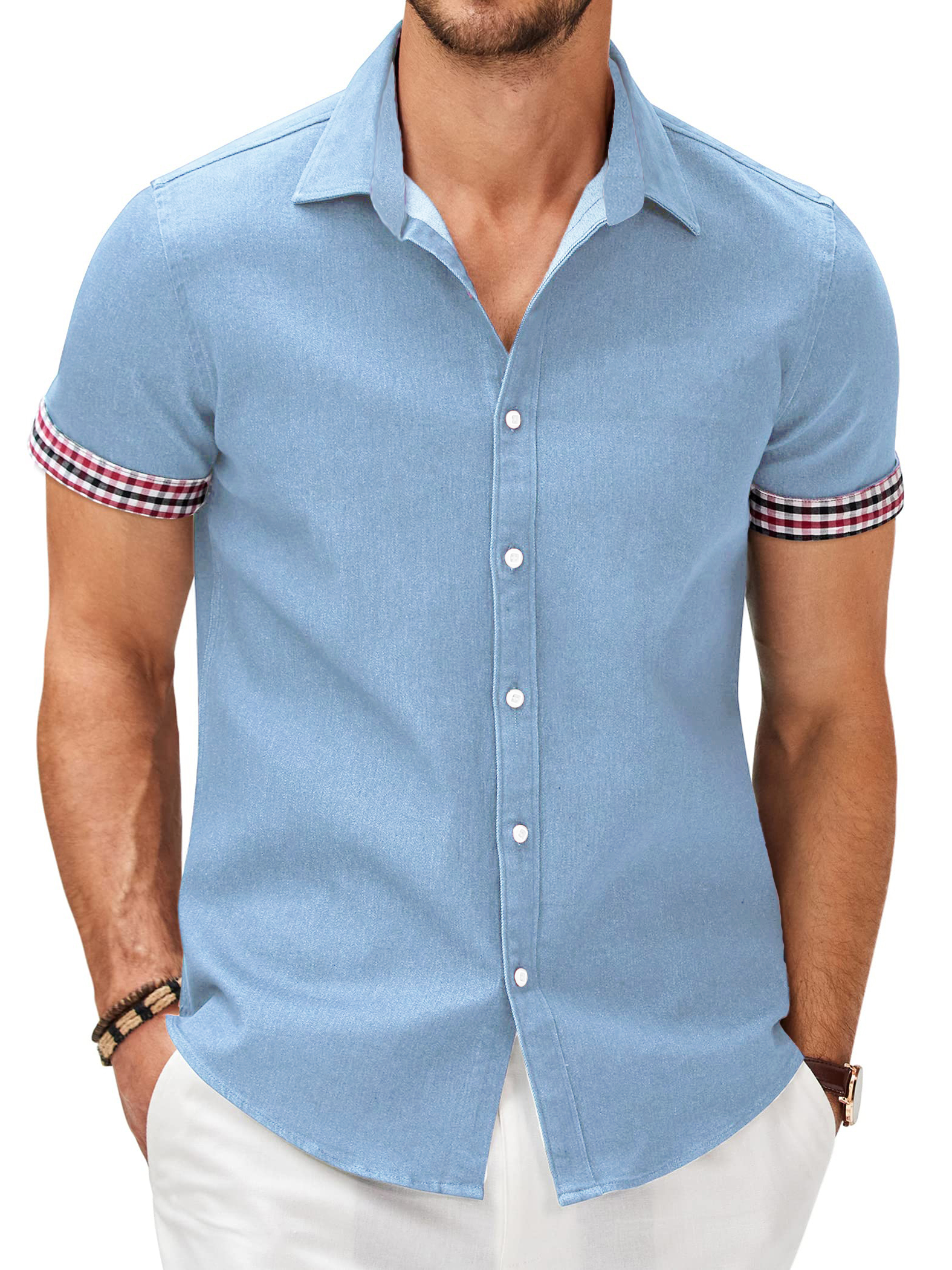 Men's Fashion Plaid Linen Patchwork Short Sleeve Shirt