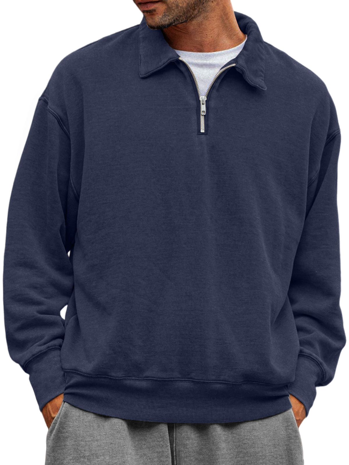 Men's Casual Half-zip Lapel Solid Color Comfortable Sweatshirt
