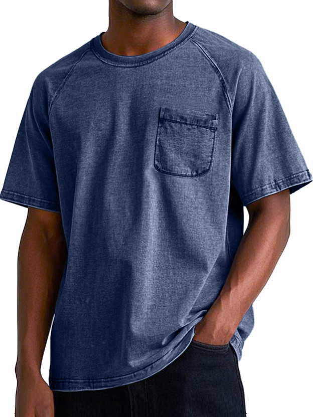 Men's Retro Round Neck Raglan Pocket Casual Short Sleeve T-Shirt